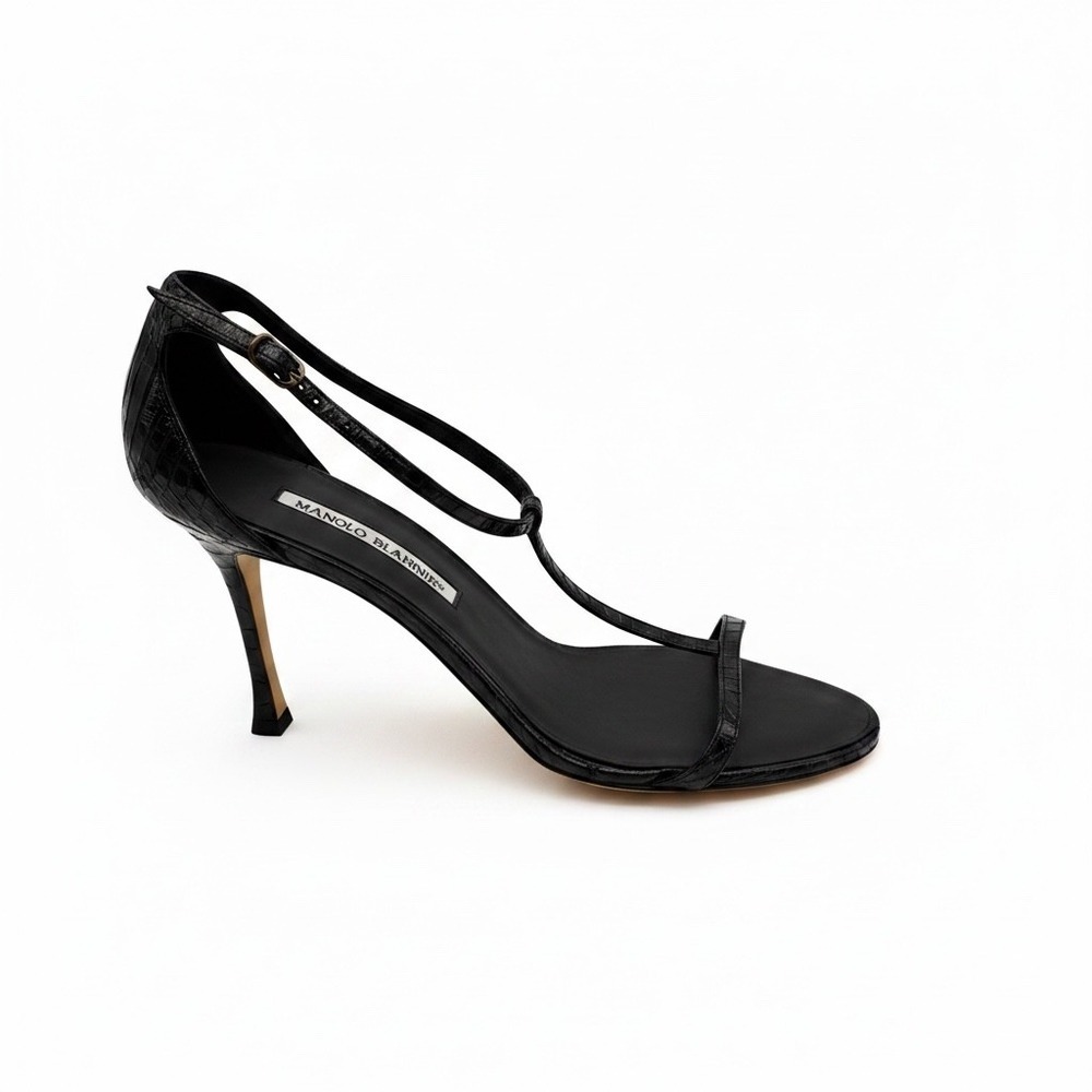 Manolo Blahnik Sandals Womens 41 Black Crocodile Embossed T-Strap Stiletto Heels